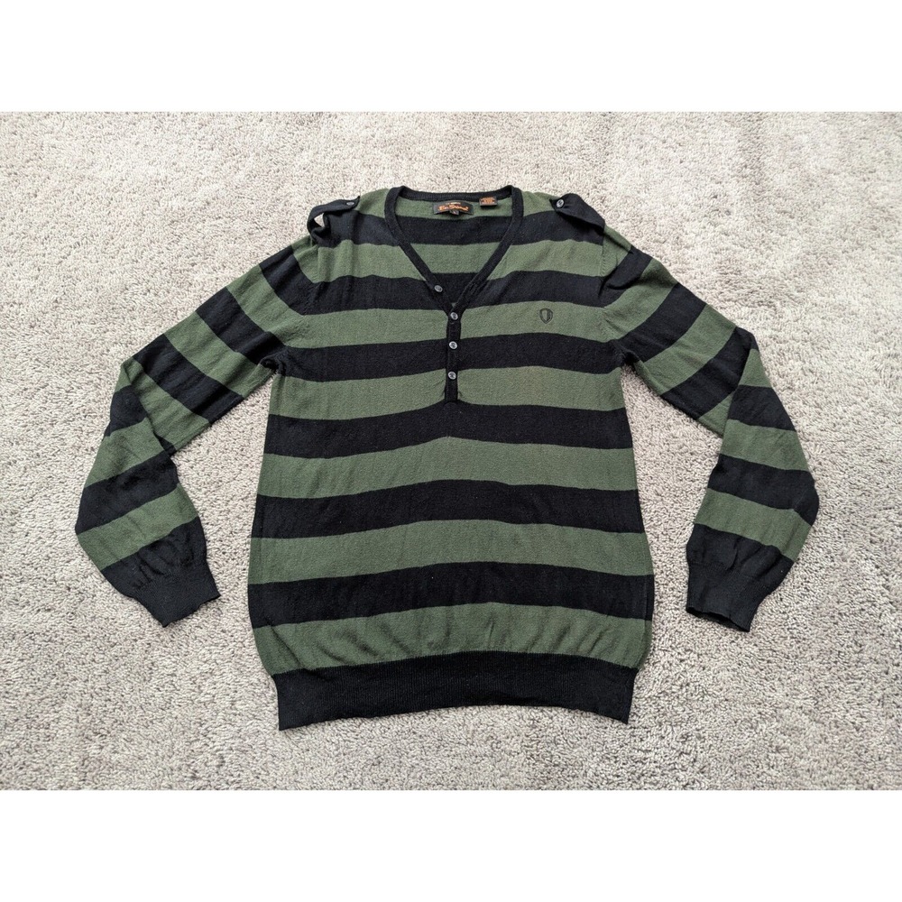 Ben Sherman Pullover Mens Large Sweater Henley Long Sleeve Striped Green